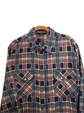 Bocomal FR Shirt Mens Plaid Navy Maroon Gray CAT2 Pearl Snap Western Work XL-T